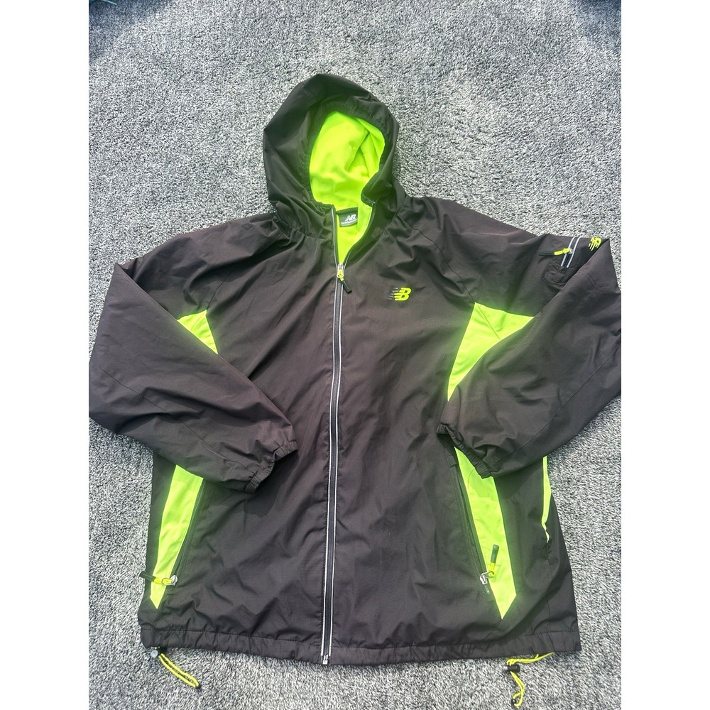New Balance Mens XL Windbreaker Jacket Black Neon Green Hooded Running Y2K